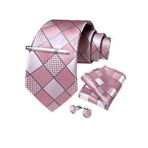 Men's Silk Tie + Pocket Square + Cufflinks + Tie Clip 4 Piece Set